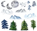 Watercolor fores set. Pine trees, mountains, moon, birds, isolated on white.