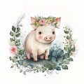 Watercolor forest cartoon isolated cute baby pig animal. Illustration AI Generative Royalty Free Stock Photo