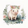 Watercolor forest cartoon isolated cute baby pig animal. Illustration AI Generative Royalty Free Stock Photo