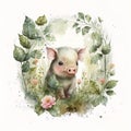 Watercolor forest cartoon isolated cute baby pig animal. Illustration AI Generative Royalty Free Stock Photo