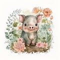 Watercolor forest cartoon isolated cute baby pig animal. Illustration AI Generative Royalty Free Stock Photo