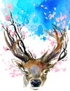 Watercolor Forest Deer and spring pink blossom branch.