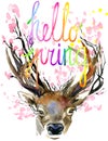 Watercolor Forest Deer and spring pink blossom branch.