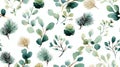 Watercolor botanical pattern featuring pine branches, cones, and diverse leaves in harmonious green and brown tones. Watercolor Royalty Free Stock Photo