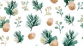 Watercolor botanical pattern featuring pine branches, cones, and diverse leaves in harmonious green and brown tones. Watercolor Royalty Free Stock Photo