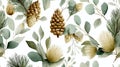 Watercolor botanical pattern featuring pine branches, cones, and diverse leaves in harmonious green and brown tones. Watercolor Royalty Free Stock Photo