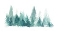 Watercolor forest landscape background. Misty blue fir forest. Wild nature, frozen, misty, taiga. Abstract composition