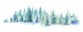 Watercolor forest landscape panorama. Misty blue fir forest. Wild nature, frozen, misty, taiga. Abstract horizontal