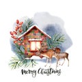 Watercolor forest landscape scene with Christmas lettering. Snowy house with floral decor and reindeers isolated on Royalty Free Stock Photo