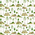 Watercolor forest mountains seamless pattern. Hand painted green mountain range, spruce and pine trees isolated on white Royalty Free Stock Photo