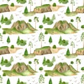 Watercolor forest mountains seamless pattern. Hand painted green mountain range, spruce and pine trees isolated on white Royalty Free Stock Photo
