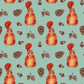 Watercolor forest pattern with squirrel, acorns and cone. Royalty Free Stock Photo