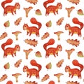 Watercolor forest pattern with squirrel, mushrooms and autumn leaves. Royalty Free Stock Photo