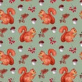 Watercolor forest pattern with squirrel, mushrooms, berries and acorns. Royalty Free Stock Photo