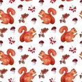 Watercolor forest pattern with squirrel, mushrooms, berries and acorns. Royalty Free Stock Photo