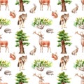 Watercolor forest seamless pattern with animals and plants