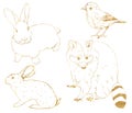 Watercolor forest set of gold animals. Hand painted linear rabbit, bunny, bird and raccoon isolated on white background