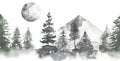 Watercolor forest trees, moon and mountain seamless border, woodland repeat border, trees composition, winter nature frame