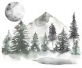 Watercolor forest trees, moon and mountain seamless border, woodland repeat border, trees composition, winter nature frame