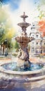 Hyper Realistic Watercolor Painting Of Fountain View Walk