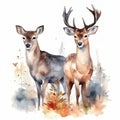 Watercolor reindeer Hand painted on white background. Deer Wildlife forest watercolor illustration. Generative AI