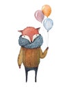 Watercolor fox with balloons
