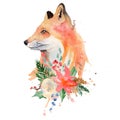 Watercolor fox with flowers Animal illustration isolated on white background.