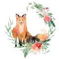 Watercolor fox with flowers Animal illustration isolated on white background. Royalty Free Stock Photo