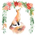 Watercolor fox with flowers Animal illustration isolated on white background.