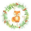 Watercolor fox and pine branches frame