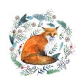 Watercolor fox with pink flowers set on the white background, Watercolor garden hobby