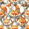 Watercolor Fox Seamless Pattern with Intertwined Branches Royalty Free Stock Photo