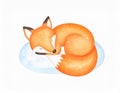 Watercolor Fox Sleeping Peacefully Curled on Blue Cloud White Background Royalty Free Stock Photo