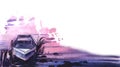 Watercolor fragment of romantic purple landscape extracted on white background. Small wooden boat moored at pier of calm lake