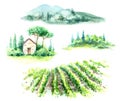 Watercolor Fragments of Rural Scene with Hills, Vineyard  and Trees Royalty Free Stock Photo