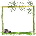 Watercolor frame of bamboo and bamboo leaves with stones and grass on a white background Royalty Free Stock Photo