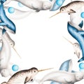 Watercolor frame with beluga, blue whale and narwhal isolated on white background. Hand painting realistic Arctic and