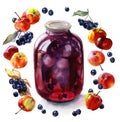 Watercolor frame of berries and can of compote