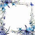 watercolor frame with blue flowers and butterflies on a white background Royalty Free Stock Photo