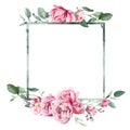 Watercolor frame with bouquet of peony and blosom flowers isolate in white background for wedding, invitation, valentine cards and