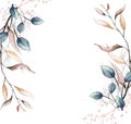 Watercolor frame with branches, leaves, pink gold dust graphic elements. Vector traced illustration