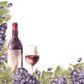 Watercolor frame bunch of grapes, leaves with bottle and glass red wine. Hand painted illustration Royalty Free Stock Photo