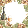 Watercolor frame bunch of grapes, leaves with glass and bottle of wine. hand painted illustration Royalty Free Stock Photo