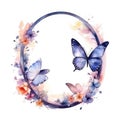 Watercolor frame with butterfly and flowers. Illustration AI Generative Royalty Free Stock Photo