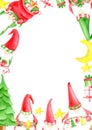 Watercolor frame with Christmas gnomes. Hand drawn cute elves vertical border template with christmas characters