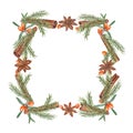 Watercolor frame of Christmas tree branch, cinnamons, star anise, sea buckthorn isolated on white. Xmas illustration of green tree Royalty Free Stock Photo