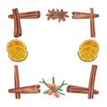 Watercolor frame of cinnamons sticks, star anise, sea buckthorn, orange slices. Christmas and New Year illustration of orange