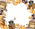 watercolor frame of coffee theme with gunny sack with coffee beans, coffee mull, cookies, turkish coffe pot, hand drawn