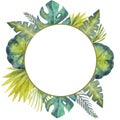 Watercolor frame of colorful tropical leaves. For invitations, greeting cards and Wallpapers.