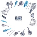 Watercolor frame of cooking tools for sweet baking
